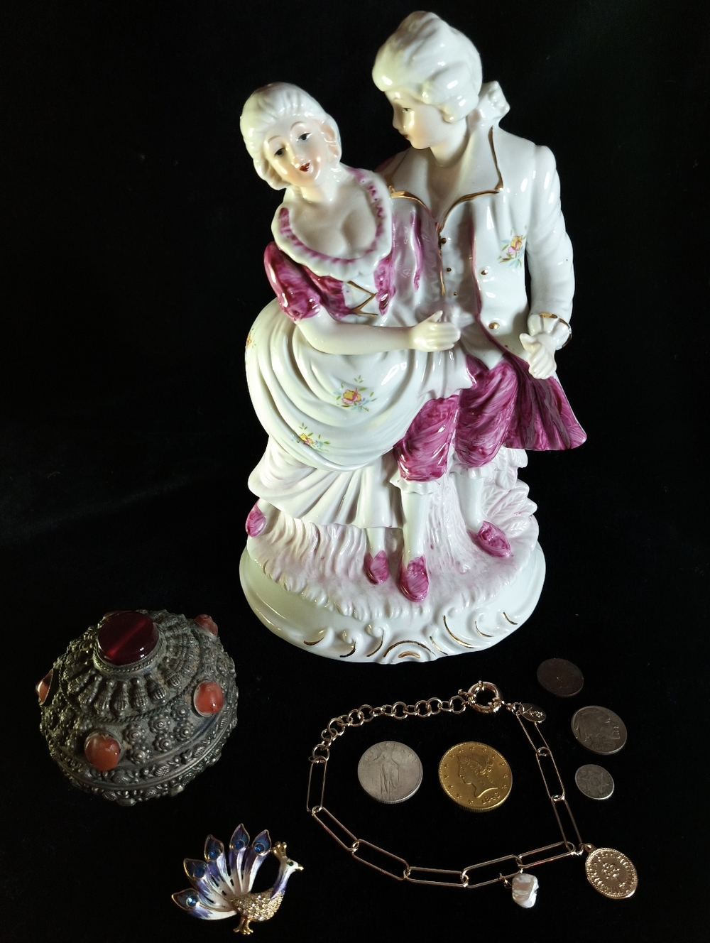 Antiques - Dresden Porcelain Sculpture - Bracelet - Brooch - Trinket Box & Coins